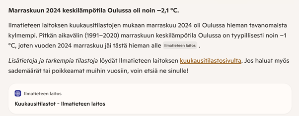 Kuva tekoälyhausta, jossa tekoälyn generoima sisältö väittää, että marraskuun 2024 keskilämpötila Oulussa oli noin -2,1 astetta.