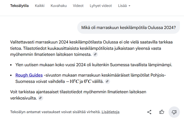 Kuva tekoälyhausta, jossa tekoälyn generoima sisältö väittää, ettei marraskuun 2024 keskilämpötilasta Oulussa ole saatavilla tarkkaa tietoa.