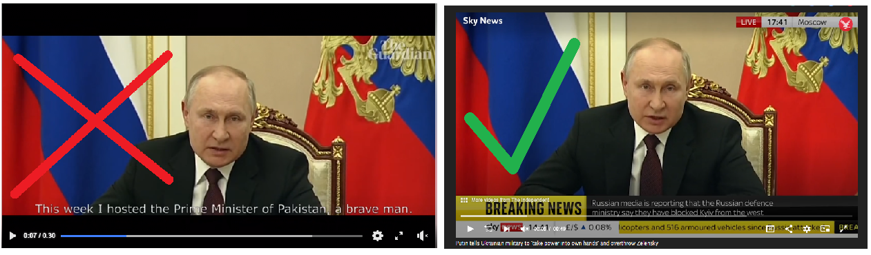 Vasemmalla kuva Putinin virheellisestä sanomasta Imran Khanista ja oikealla oikea versio.