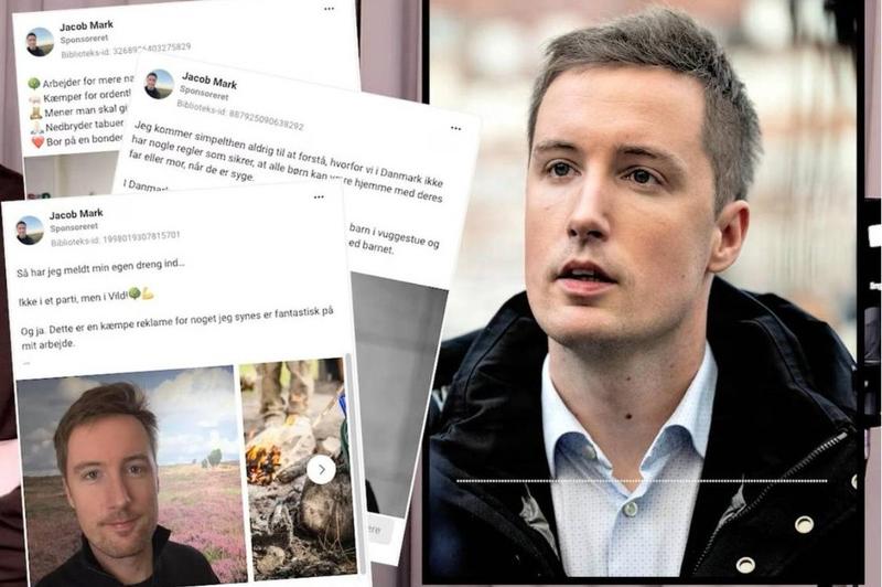 Tanskalainen sosialistisen kansanpuolueen poliitikko Jacob Mark ja hänen Facebookissa julkaistuja vaalimainoksiaan. Kuvakaappaus Ingeniøren-lehden haastattelusta.