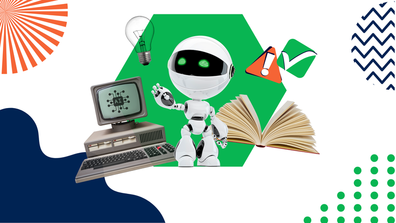 Tekoälystä tukiälyksi – ystävällinen robotti heiluttaa kättä, takana avoin kirja ja vieressä vanha tietokone